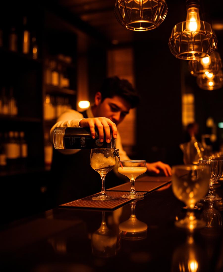 Dimly lit cocktail bar counter with glassware and warm light